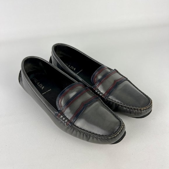 Prada Womens Gray Leather Driving Moccasin Flat Loafers EU A39 US 9 Narrow - Picture 1 of 16